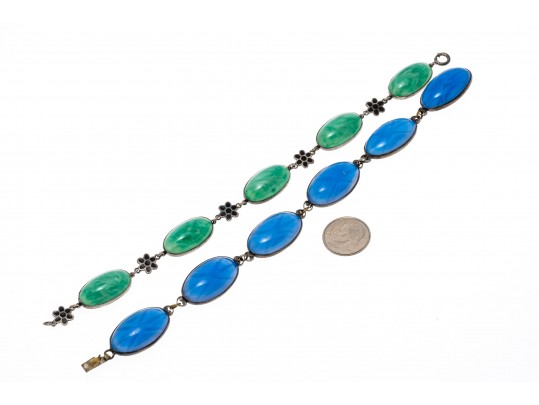 Two Blue And Green Glass Sterling Bracelets