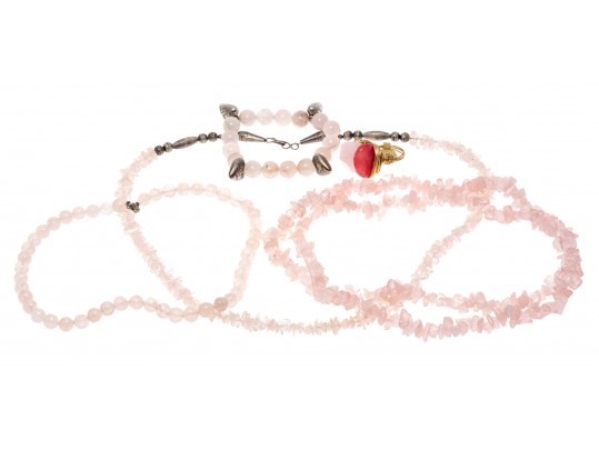 Lot Of Pretty Rose Quartz Themed Jewelery, Including A Heart Motif Bracelet