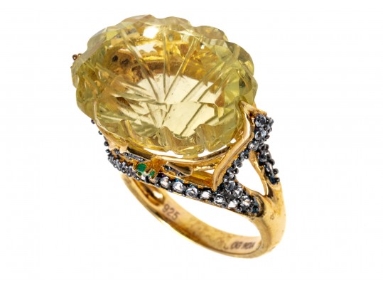 Unique Sterling Ring Set With Facted Citrine, Size 6.25