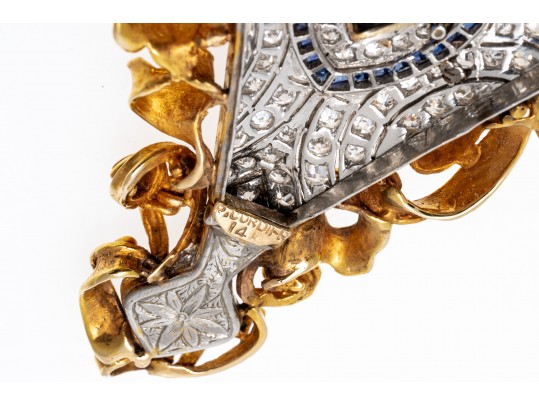 Vintage 14K Diamond, Sapphire And Blue Spinel Brooch