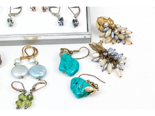 Eleven Pairs Of Colorful Sterling Sivler Earrings