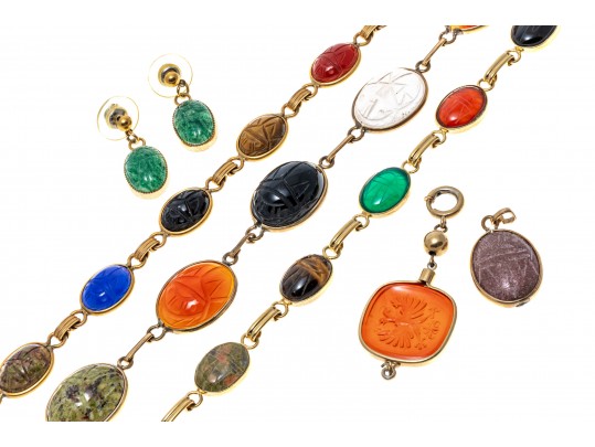 Lot Of Assorted Gold Filled Scarab Jewelry Pieces, Plus One Intaglio