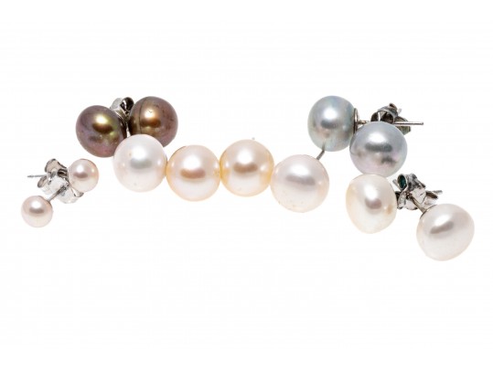 Six Sterling And Cultured Pearl Stud Earrings