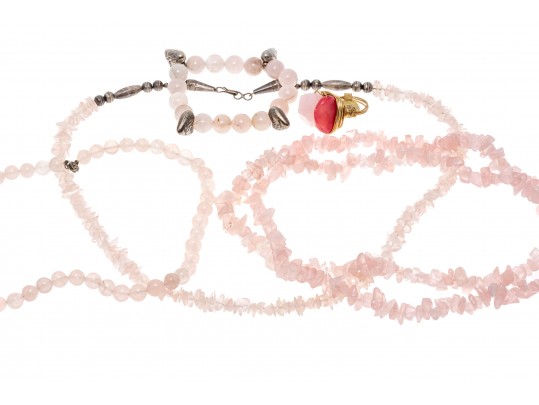 Lot Of Pretty Rose Quartz Themed Jewelery, Including A Heart Motif Bracelet