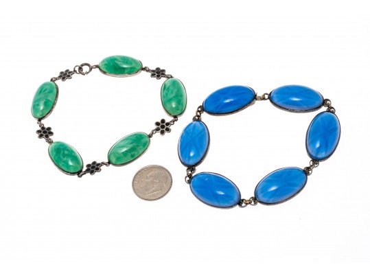 Two Blue And Green Glass Sterling Bracelets