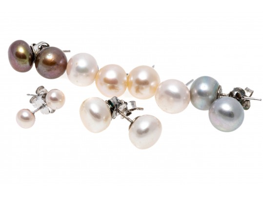 Six Sterling And Cultured Pearl Stud Earrings