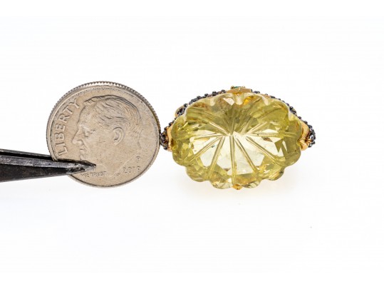 Unique Sterling Ring Set With Facted Citrine, Size 6.25