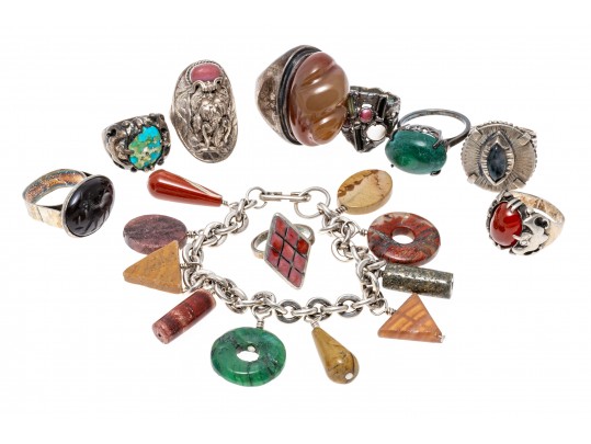 Lot Of Ten Assorted Colorful Agate And Silver Jewelry Pieces