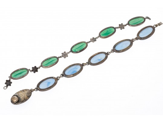 Two Blue And Green Glass Sterling Bracelets