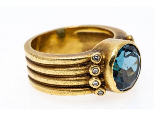 18K Topaz And Diamond Wide Band Ring, Size 5.25