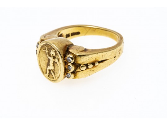 18K Putti Image And Diamond Ring, Size 5.75