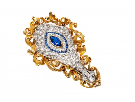 Vintage 14K Diamond, Sapphire And Blue Spinel Brooch