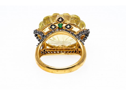 Unique Sterling Ring Set With Facted Citrine, Size 6.25