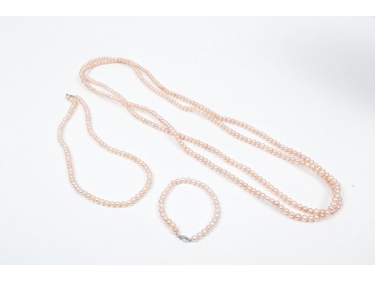 Pale Pink Freshwater Pearl And Sterling Necklaces And Bracelet Set