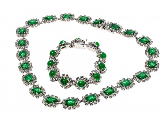 Vintage Christian Dior Rich Green Glass Necklace And Bracelet Set