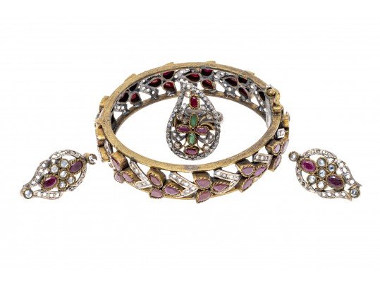 Lot Of Assorted Indian Motif Jewelry Pieces, Including Enamels And Opaque Rubies