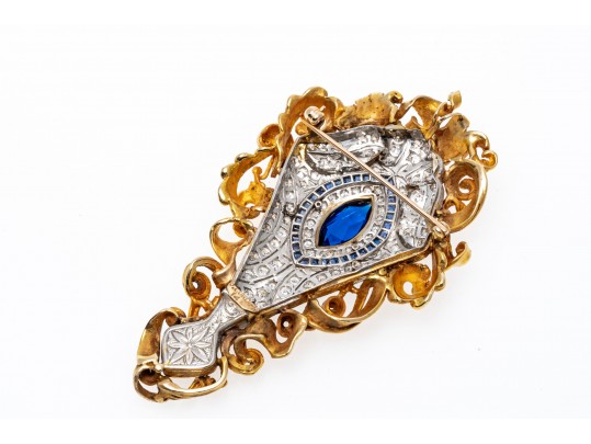 Vintage 14K Diamond, Sapphire And Blue Spinel Brooch