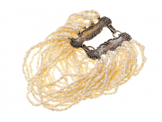 Wide Many Stranded Keshi Pearl, Sterling Bracelet