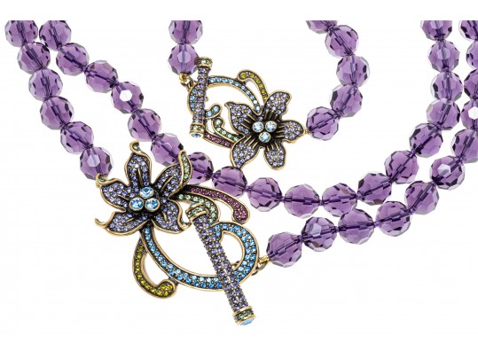 Heidi Daus Stunning Necklace Displays Beads Of Purple Crystal, And Floral Clasps 