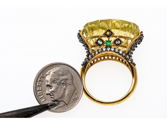 Unique Sterling Ring Set With Facted Citrine, Size 6.25