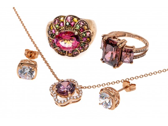 Lot Of Sterling Silver Rose Vermeil, CZ And Mystic Topaz Jewelry Pieces