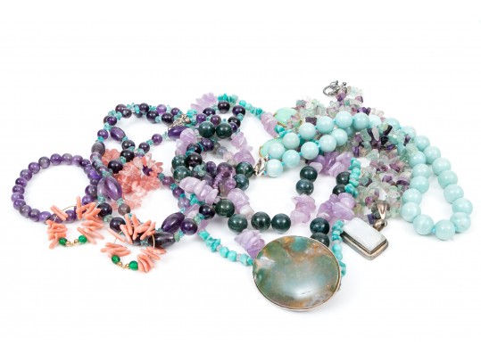 Colorful Fluorite, Amethyst And Coral Beaded Jewelry