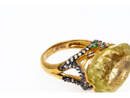 Unique Sterling Ring Set With Facted Citrine, Size 6.25