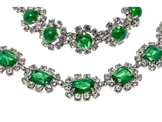 Vintage Christian Dior Rich Green Glass Necklace And Bracelet Set