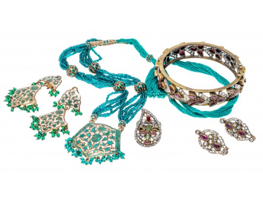 Lot Of Assorted Indian Motif Jewelry Pieces, Including Enamels And Opaque Rubies
