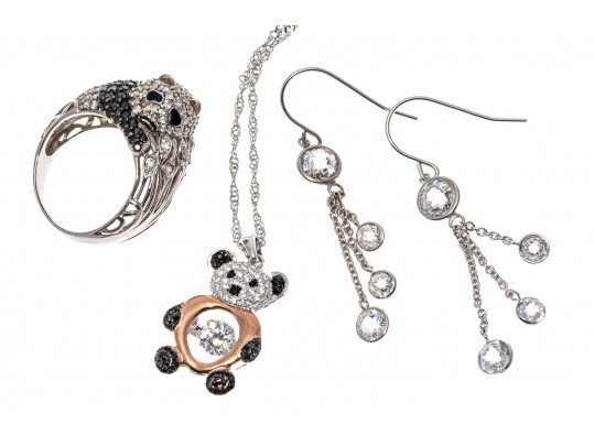 Lot Of Three Sterling Silver And CZ Jewelry Pieces, Including Panda Motif Jewelry