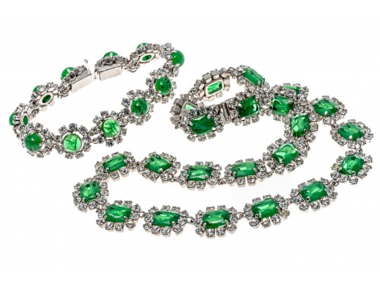 Vintage Christian Dior Rich Green Glass Necklace And Bracelet Set