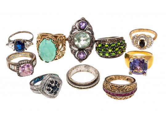 Lot Of Ten Assorted Colorful Sterling Silver Rings