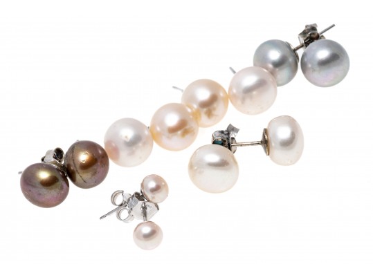 Six Sterling And Cultured Pearl Stud Earrings