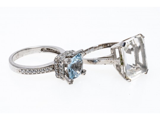 Lot Of Two Sterling Silver Quartz And Blue Topaz And CZ Rings