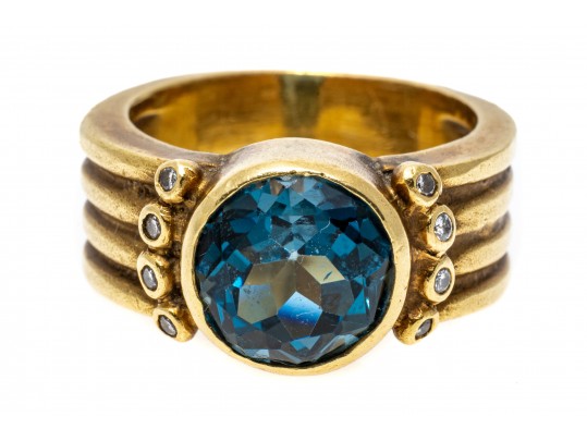 18K Topaz And Diamond Wide Band Ring, Size 5.25