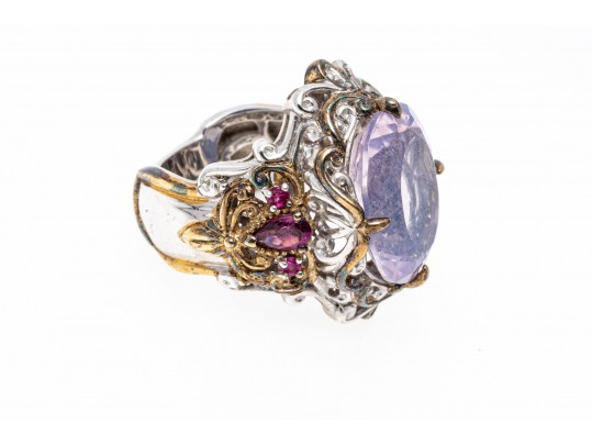 Amethyst, Pink Tourmaline And Sterling SIlver Ring