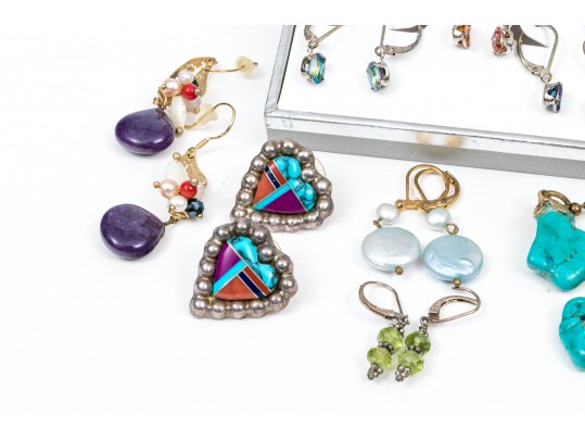 Eleven Pairs Of Colorful Sterling Sivler Earrings