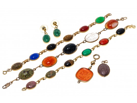 Lot Of Assorted Gold Filled Scarab Jewelry Pieces, Plus One Intaglio
