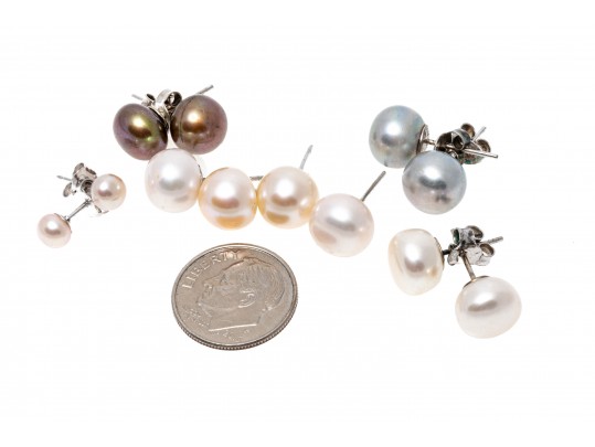 Six Sterling And Cultured Pearl Stud Earrings