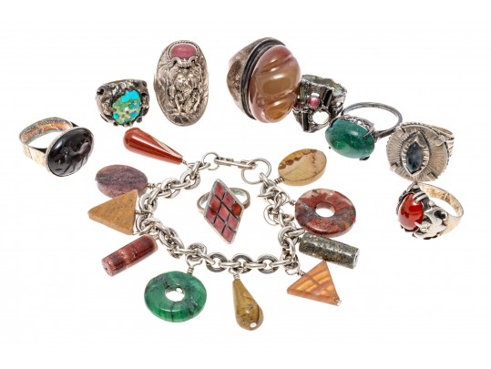 Lot Of Ten Assorted Colorful Agate And Silver Jewelry Pieces