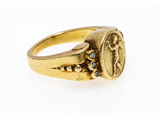 18K Putti Image And Diamond Ring, Size 5.75
