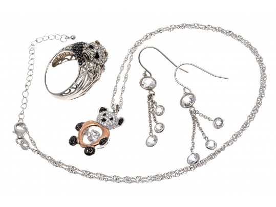Lot Of Three Sterling Silver And CZ Jewelry Pieces, Including Panda Motif Jewelry