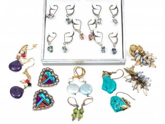 Eleven Pairs Of Colorful Sterling Sivler Earrings