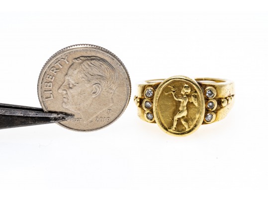 18K Putti Image And Diamond Ring, Size 5.75