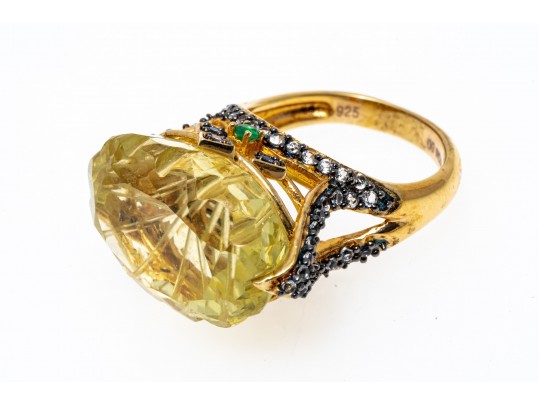 Unique Sterling Ring Set With Facted Citrine, Size 6.25