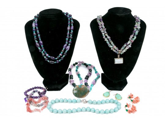 Colorful Fluorite, Amethyst And Coral Beaded Jewelry