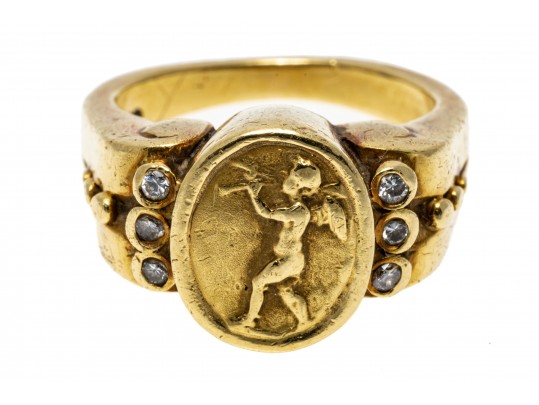 18K Putti Image And Diamond Ring, Size 5.75