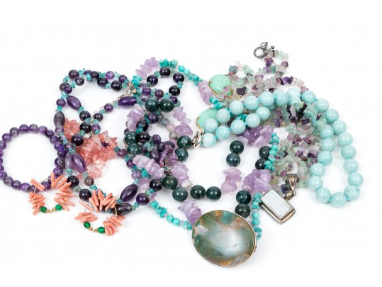 Colorful Fluorite, Amethyst And Coral Beaded Jewelry