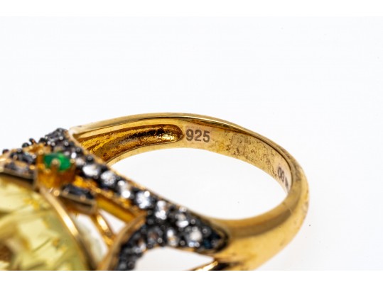 Unique Sterling Ring Set With Facted Citrine, Size 6.25