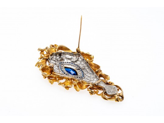 Vintage 14K Diamond, Sapphire And Blue Spinel Brooch